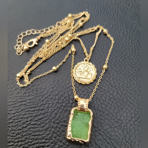 Jewelry - Gold Coin & Green Druzy Pendant Necklace - Costume/Fashion